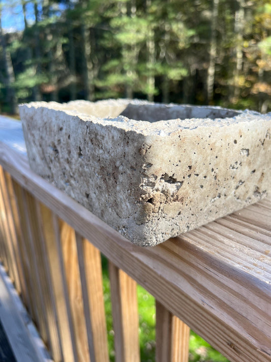Concrete planter on a wooden deck with a forest background
