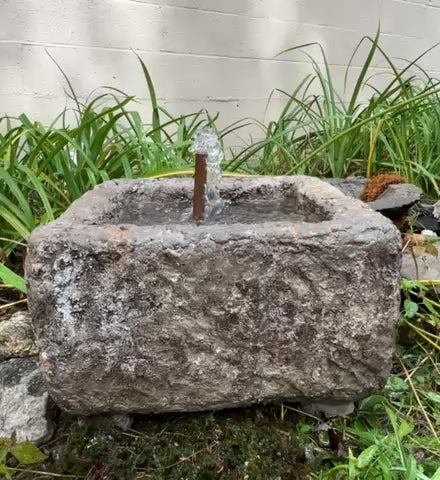 Stone fountain with water feature surrounded by greenery